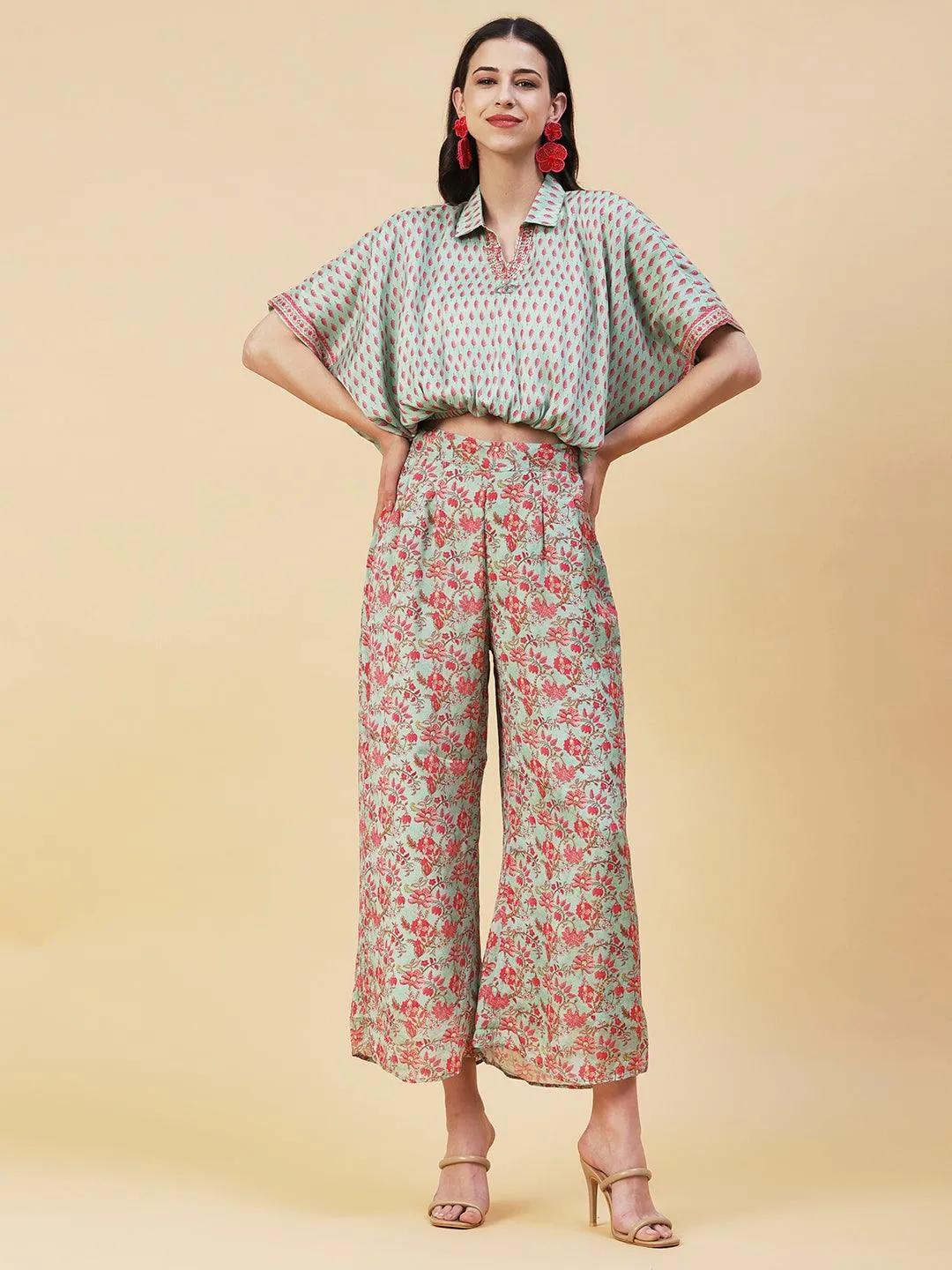 Ethnic Floral Printed Kaftan Crop Top with Palazzo - Green