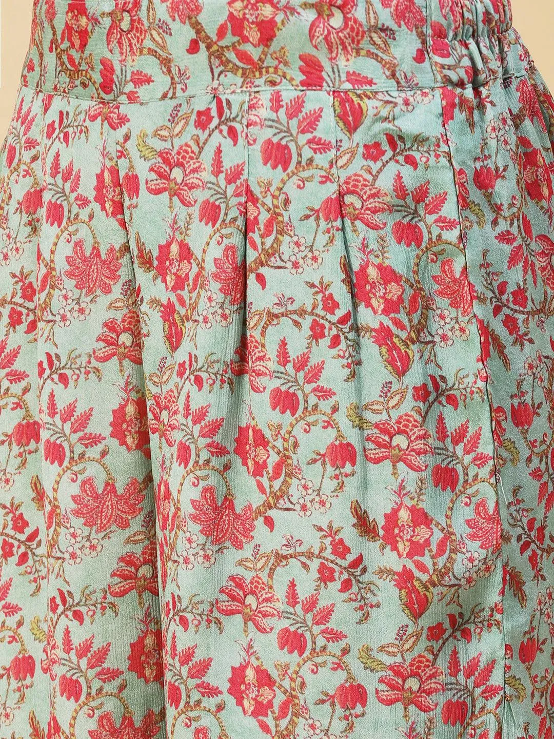 Ethnic Floral Printed Kaftan Crop Top with Palazzo - Green
