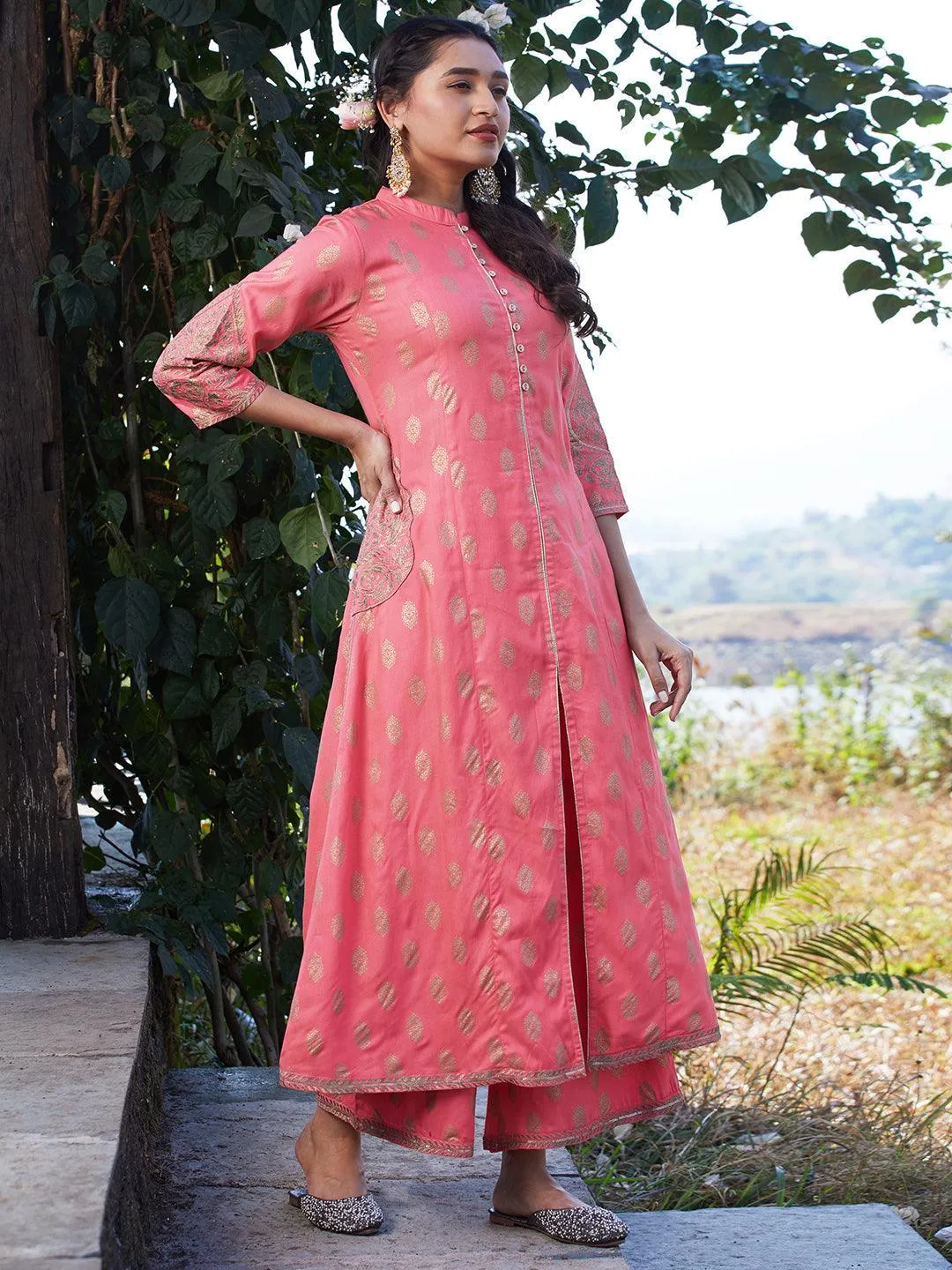 Ethnic Foil Printed & Embroidered A-Line Kurta with Palazzo & Dupatta - Pink