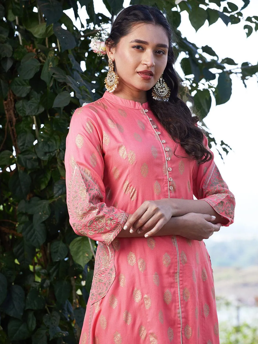 Ethnic Foil Printed & Embroidered A-Line Kurta with Palazzo & Dupatta - Pink