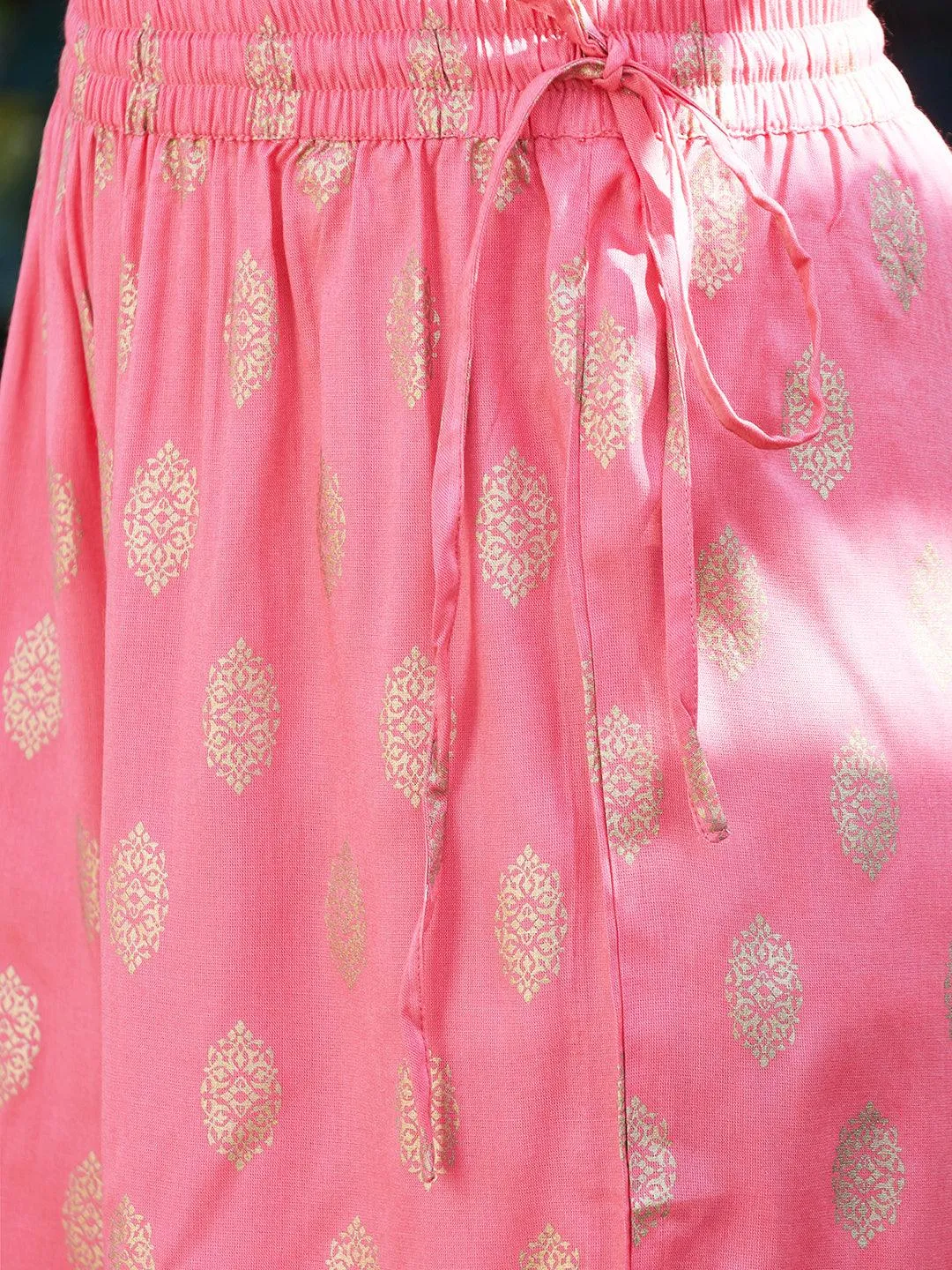 Ethnic Foil Printed & Embroidered A-Line Kurta with Palazzo & Dupatta - Pink
