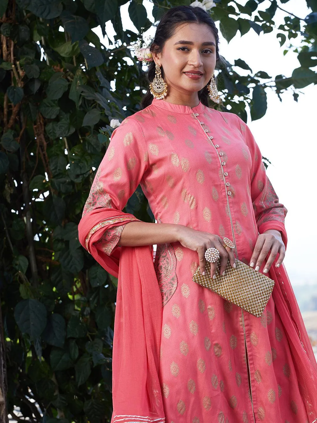 Ethnic Foil Printed & Embroidered A-Line Kurta with Palazzo & Dupatta - Pink
