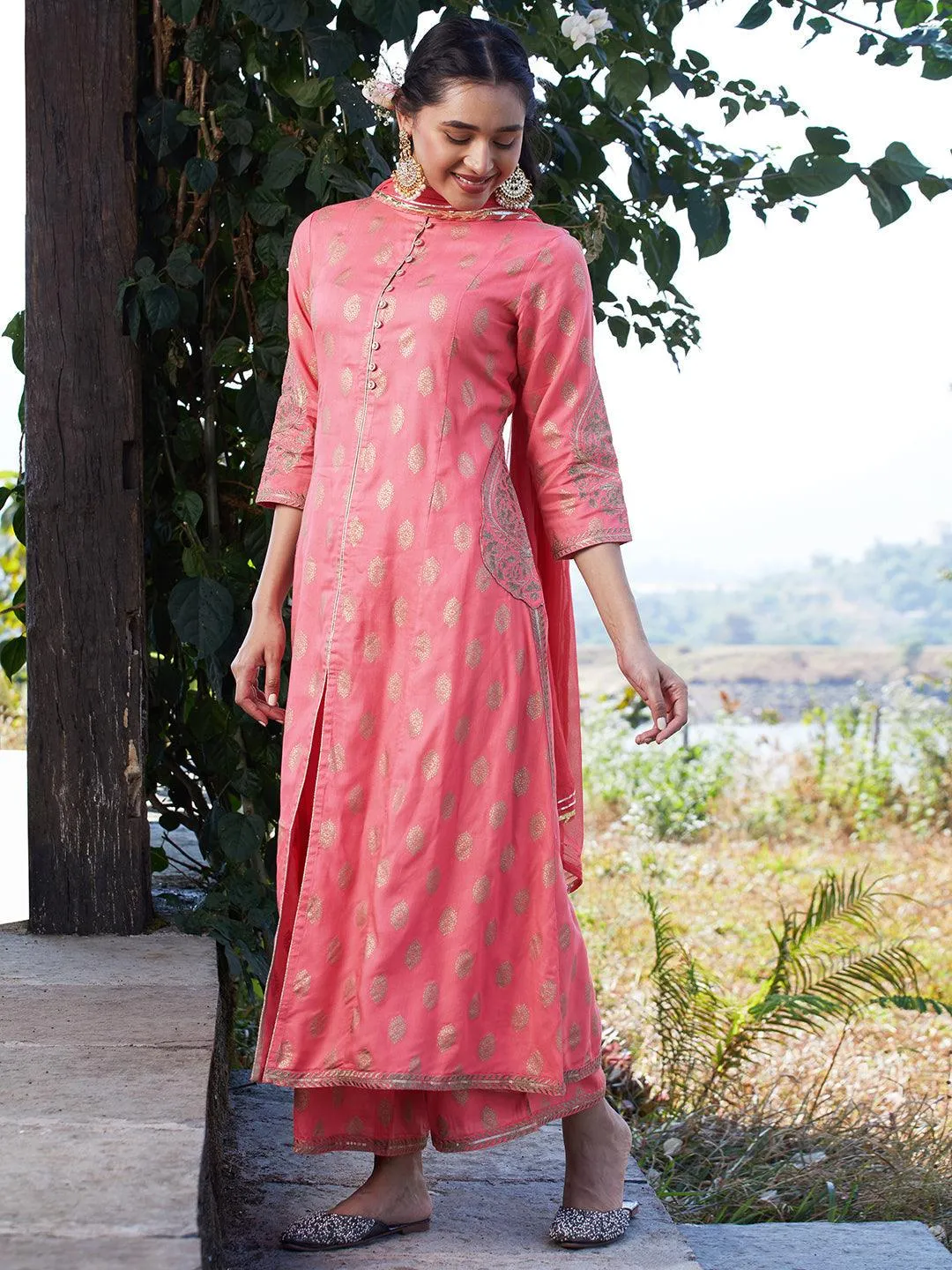 Ethnic Foil Printed & Embroidered A-Line Kurta with Palazzo & Dupatta - Pink