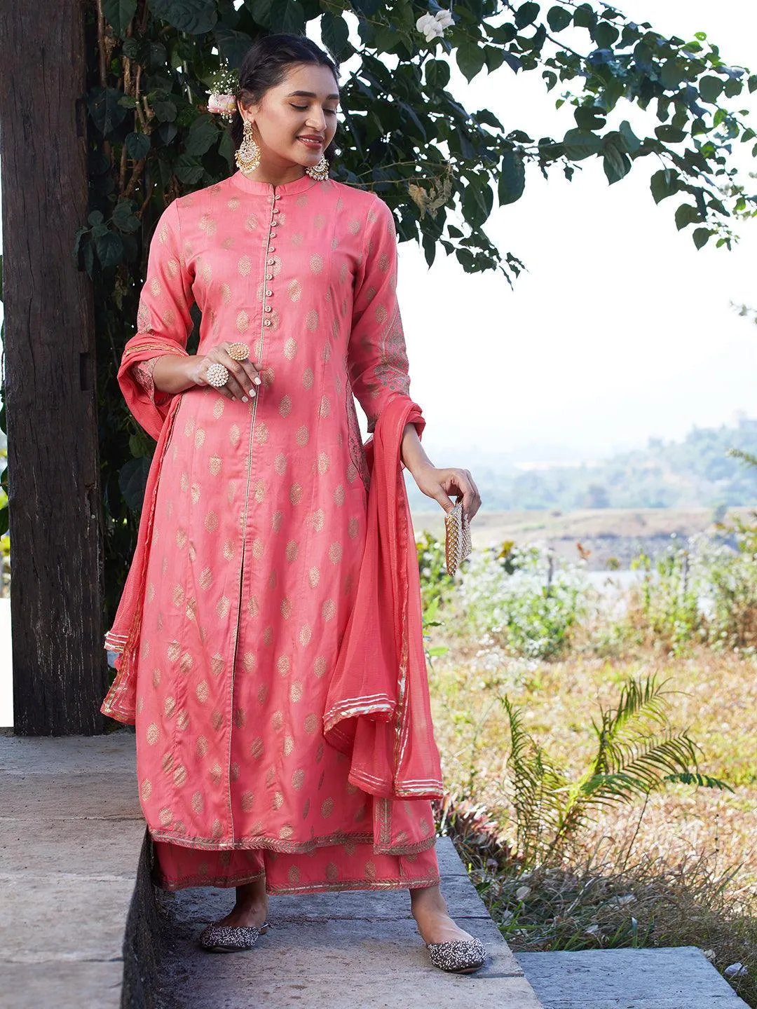 Ethnic Foil Printed & Embroidered A-Line Kurta with Palazzo & Dupatta - Pink
