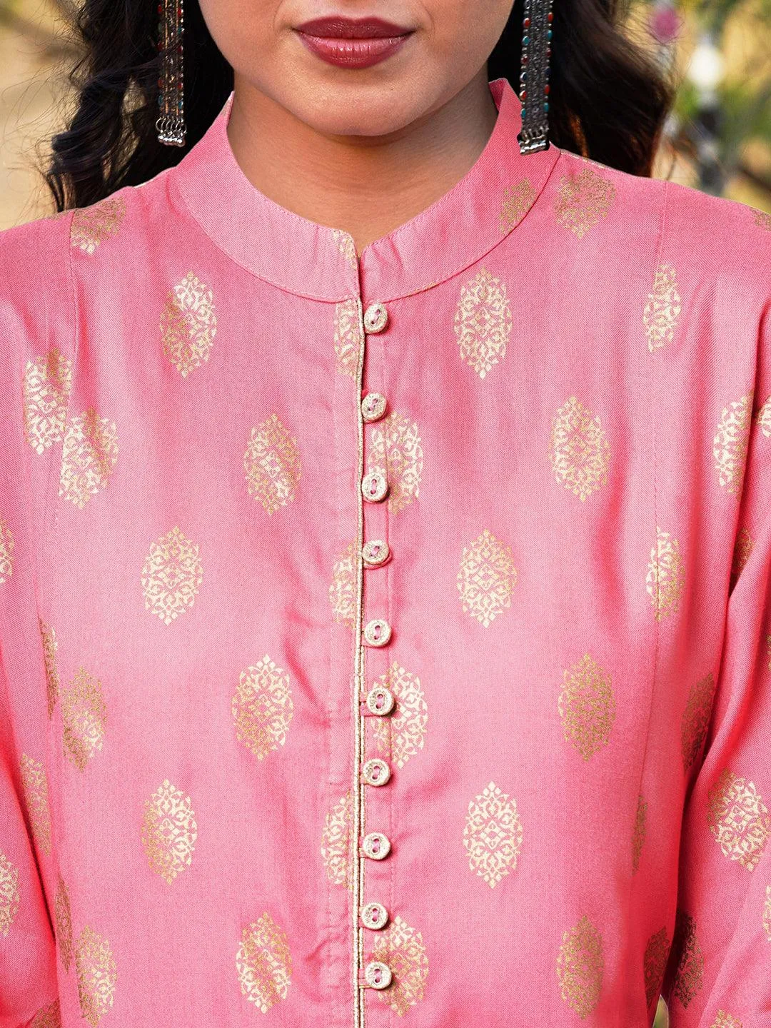 Ethnic Foil Printed & Embroidered A-Line Kurta with Palazzo & Dupatta - Pink