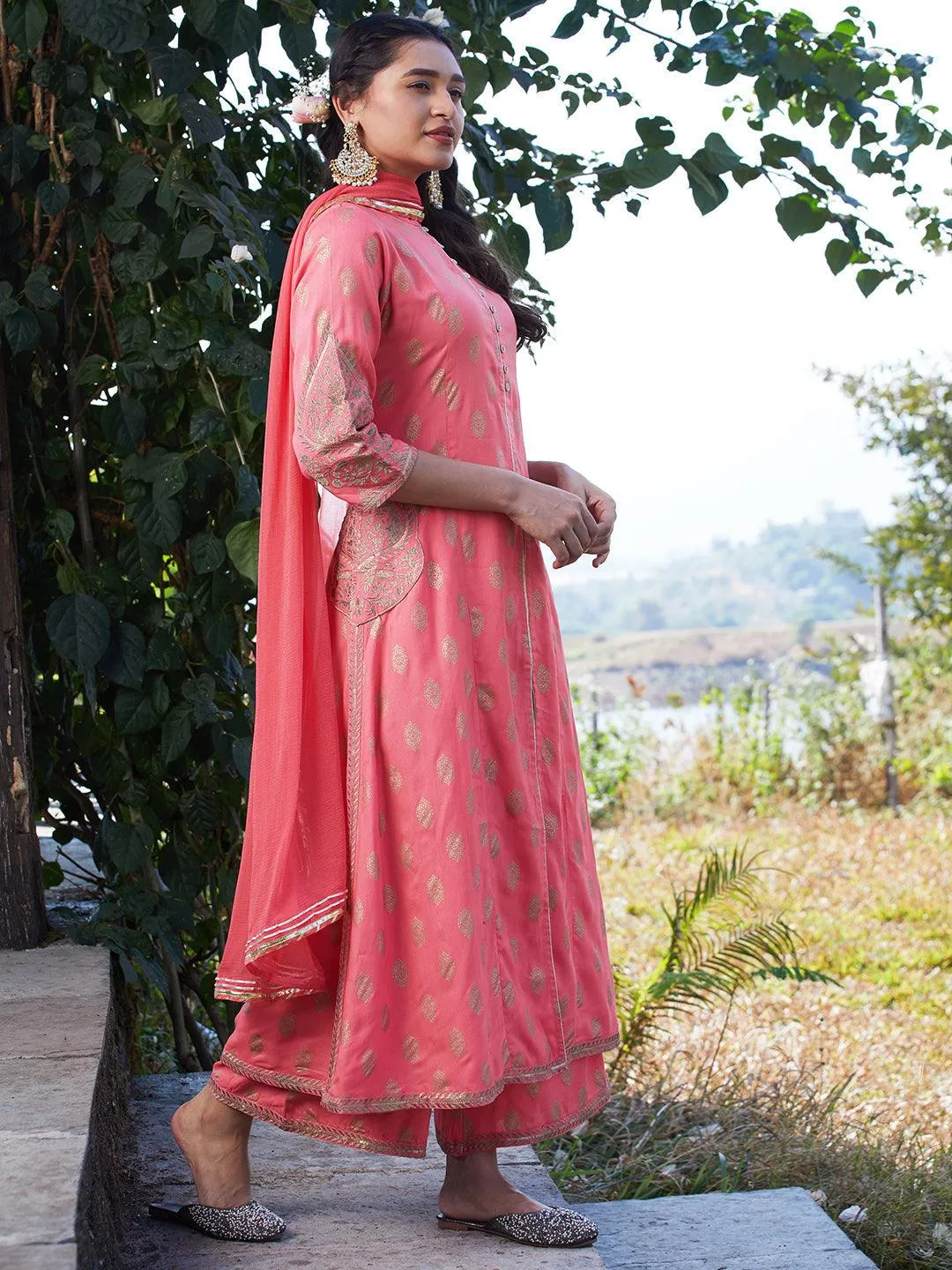 Ethnic Foil Printed & Embroidered A-Line Kurta with Palazzo & Dupatta - Pink