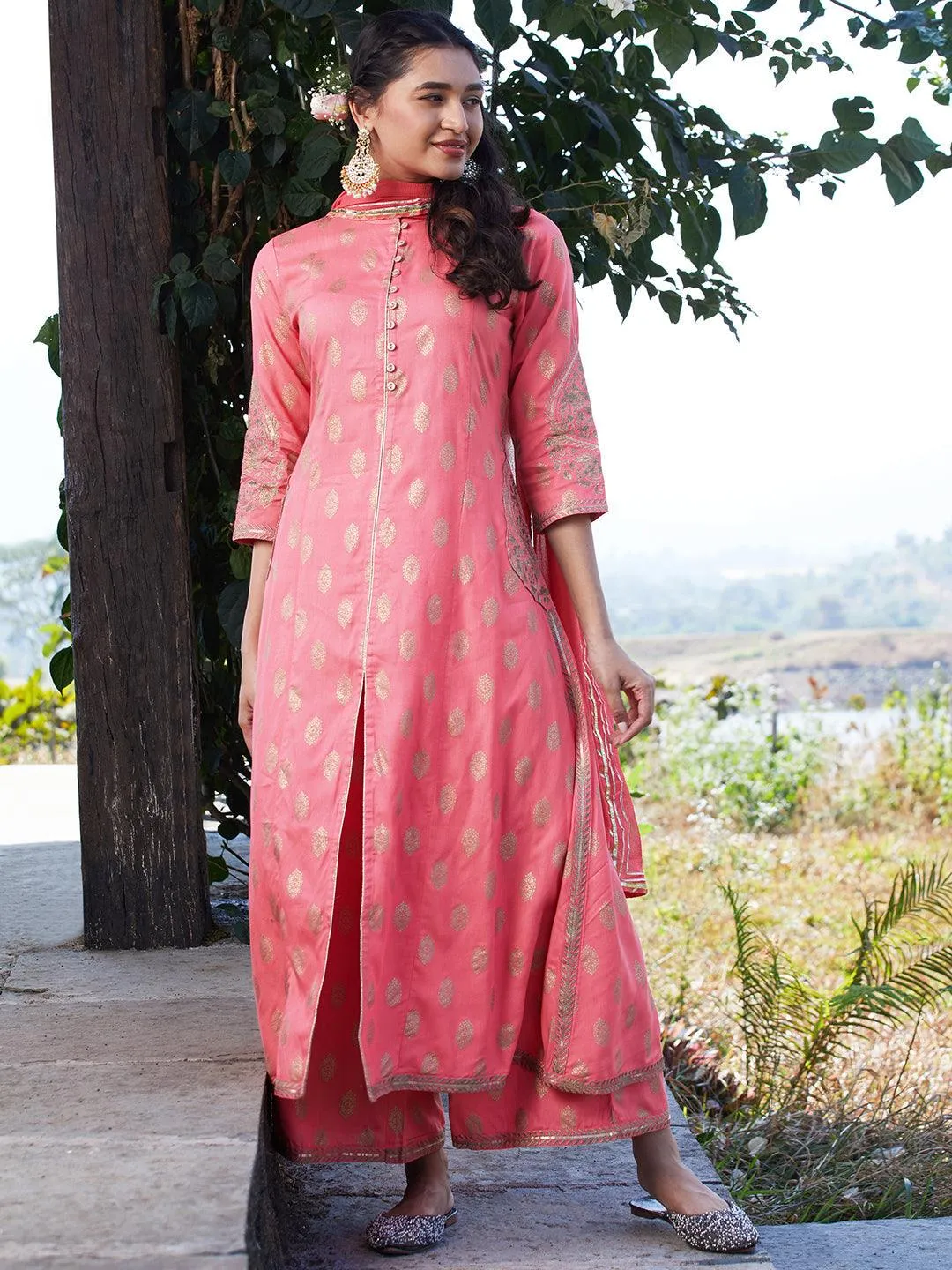 Ethnic Foil Printed & Embroidered A-Line Kurta with Palazzo & Dupatta - Pink