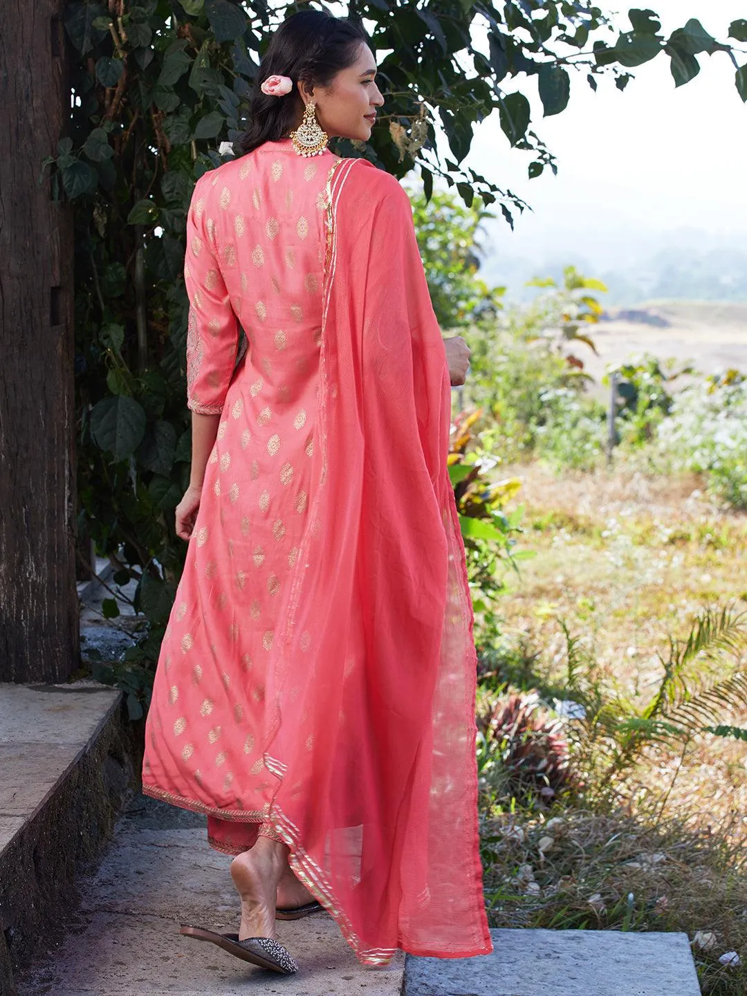 Ethnic Foil Printed & Embroidered A-Line Kurta with Palazzo & Dupatta - Pink