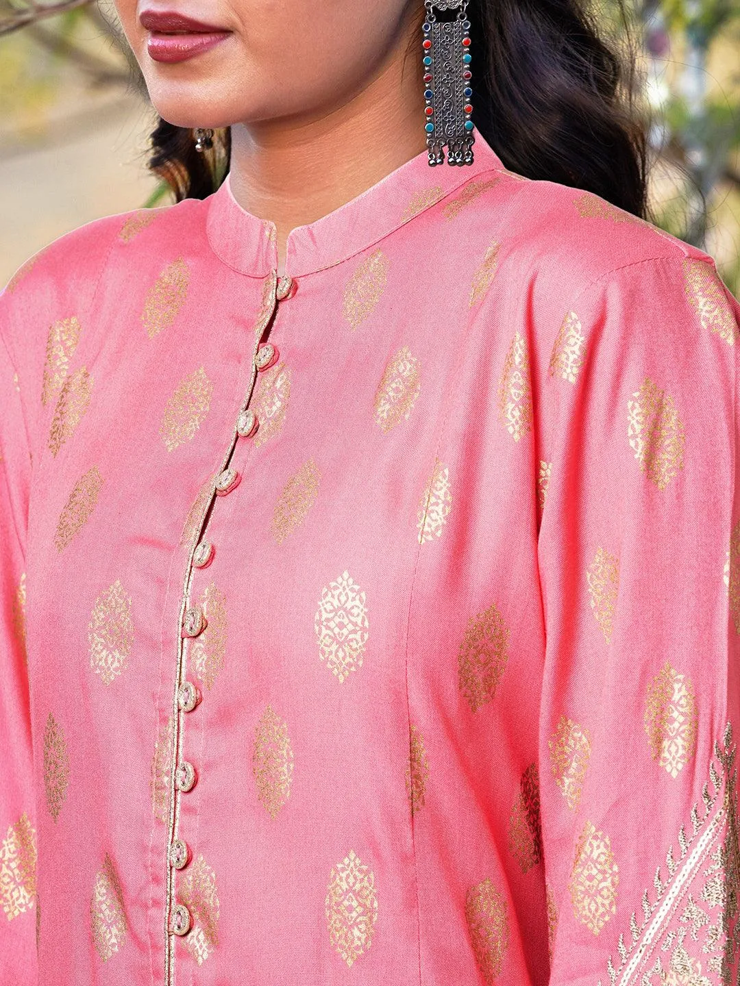 Ethnic Foil Printed & Embroidered A-Line Kurta with Palazzo & Dupatta - Pink