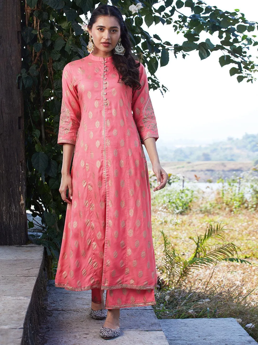 Ethnic Foil Printed & Embroidered A-Line Kurta with Palazzo & Dupatta - Pink