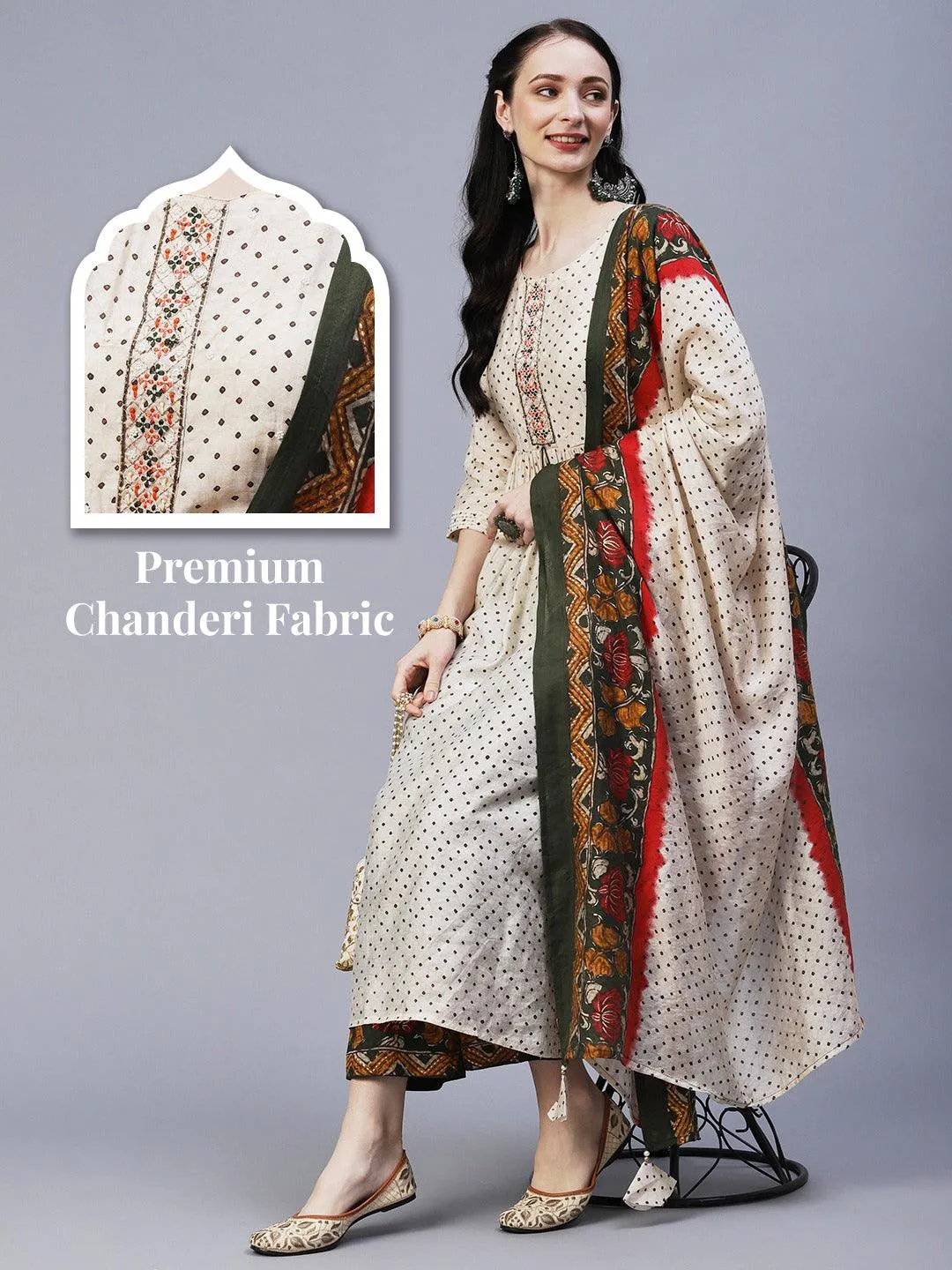 Ethnic Printed & Embroidered A-Line Gathered Kurta with Pant & Dupatta - Cream
