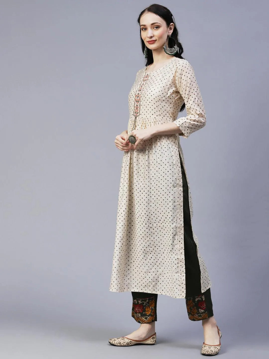 Ethnic Printed & Embroidered A-Line Gathered Kurta with Pant & Dupatta - Cream