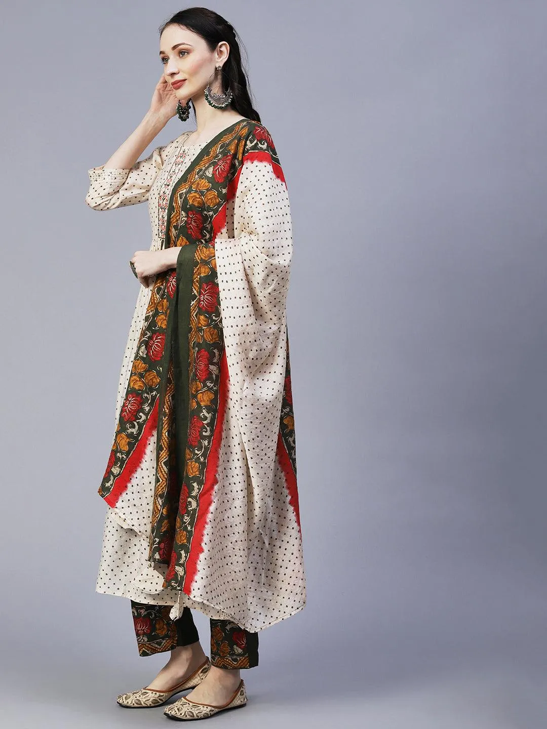Ethnic Printed & Embroidered A-Line Gathered Kurta with Pant & Dupatta - Cream