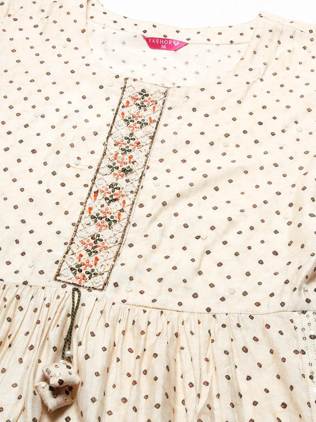 Ethnic Printed & Embroidered A-Line Gathered Kurta with Pant & Dupatta - Cream