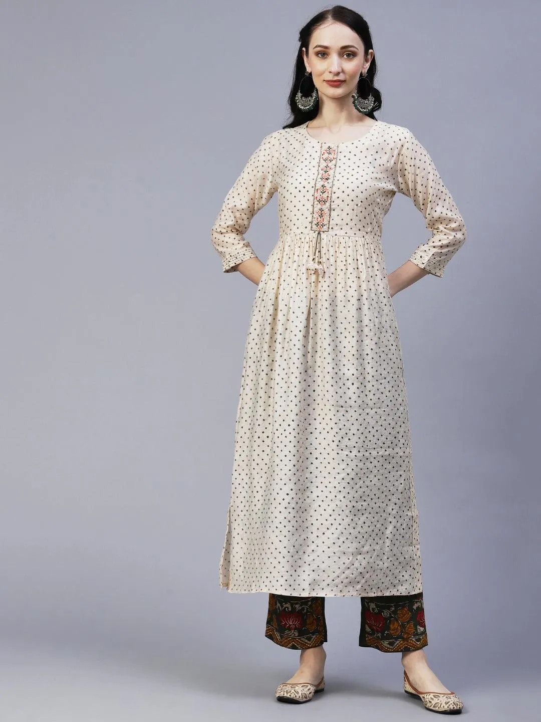 Ethnic Printed & Embroidered A-Line Gathered Kurta with Pant & Dupatta - Cream