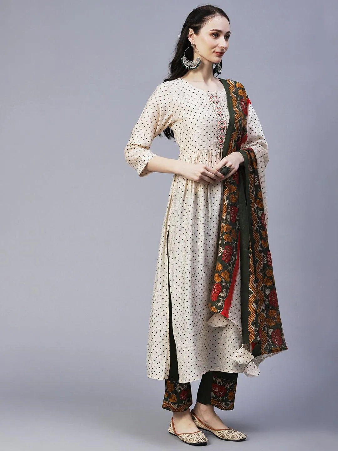 Ethnic Printed & Embroidered A-Line Gathered Kurta with Pant & Dupatta - Cream