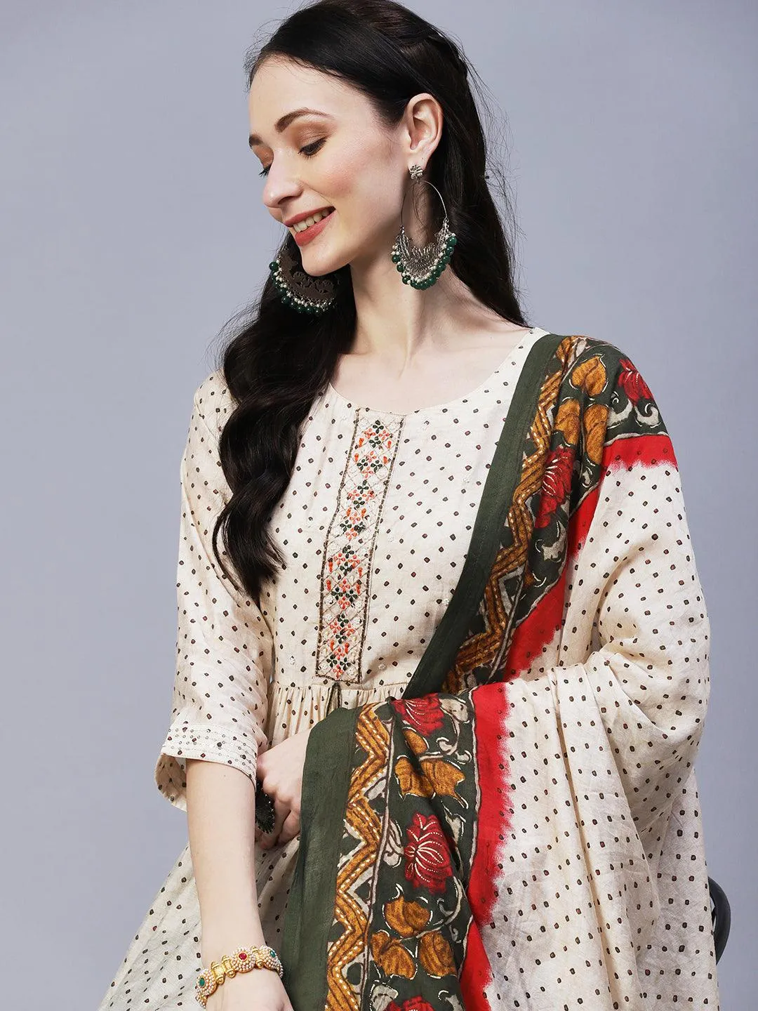 Ethnic Printed & Embroidered A-Line Gathered Kurta with Pant & Dupatta - Cream