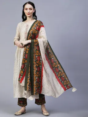 Ethnic Printed & Embroidered A-Line Gathered Kurta with Pant & Dupatta - Cream