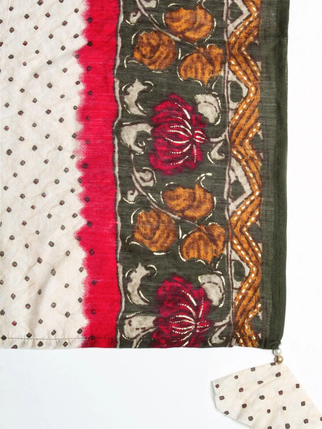 Ethnic Printed & Embroidered A-Line Gathered Kurta with Pant & Dupatta - Cream