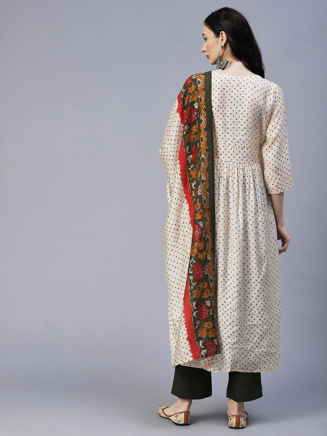 Ethnic Printed & Embroidered A-Line Gathered Kurta with Pant & Dupatta - Cream