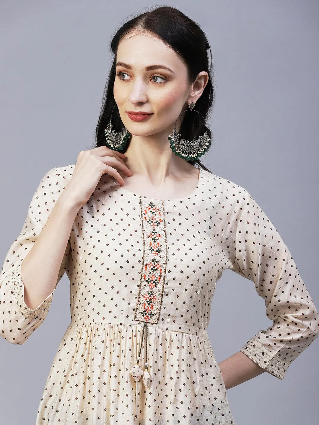 Ethnic Printed & Embroidered A-Line Gathered Kurta with Pant & Dupatta - Cream