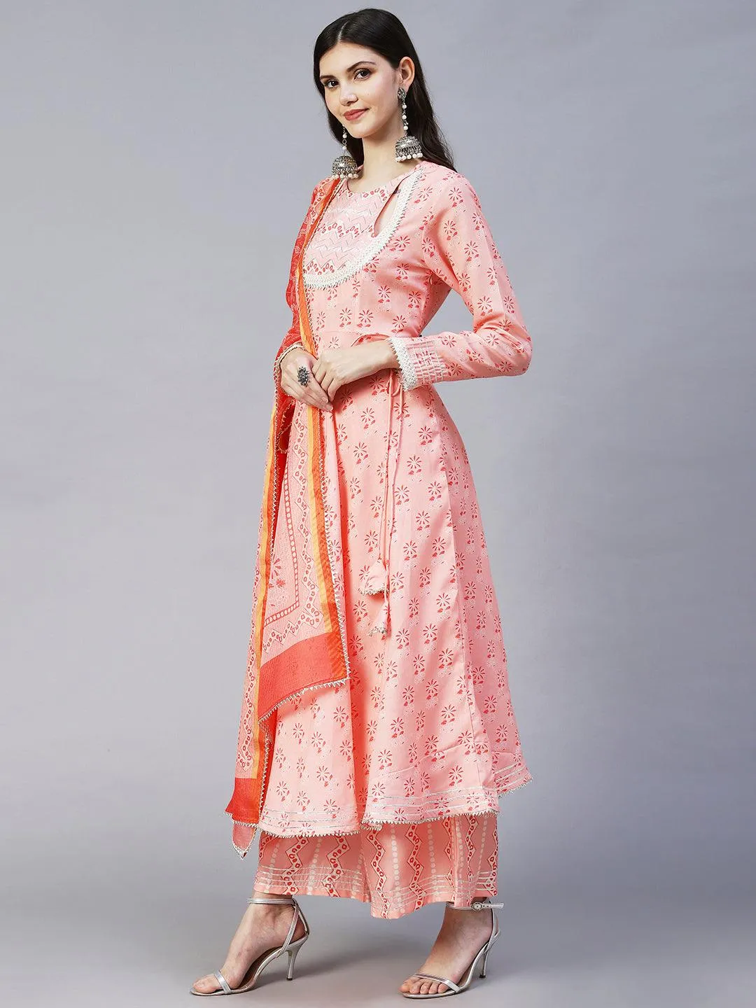 Ethnic Printed & Embroidered A-Line Kurta with Palazzo & Dupatta - Peach
