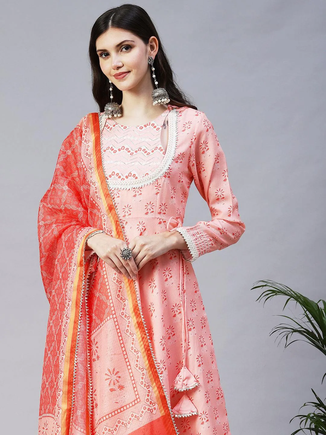 Ethnic Printed & Embroidered A-Line Kurta with Palazzo & Dupatta - Peach