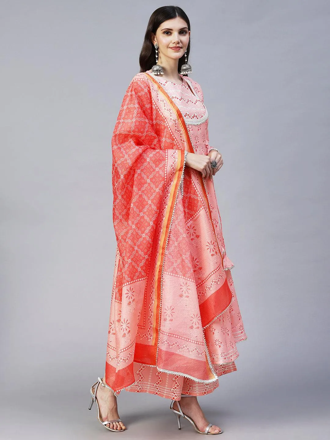 Ethnic Printed & Embroidered A-Line Kurta with Palazzo & Dupatta - Peach