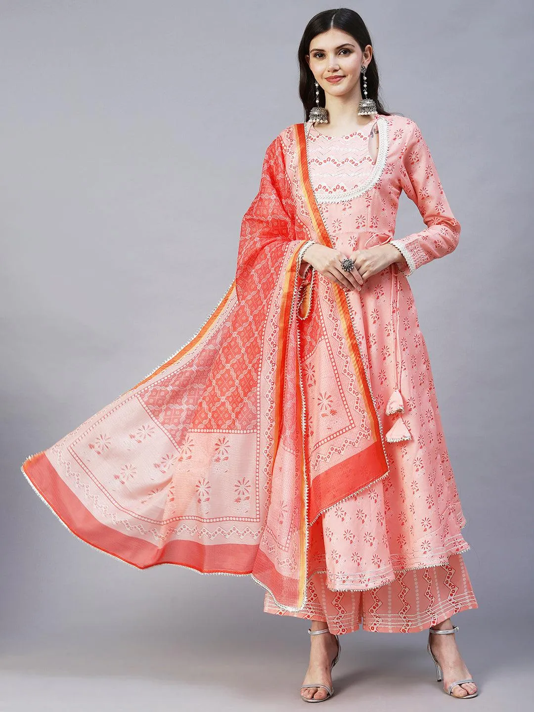 Ethnic Printed & Embroidered A-Line Kurta with Palazzo & Dupatta - Peach