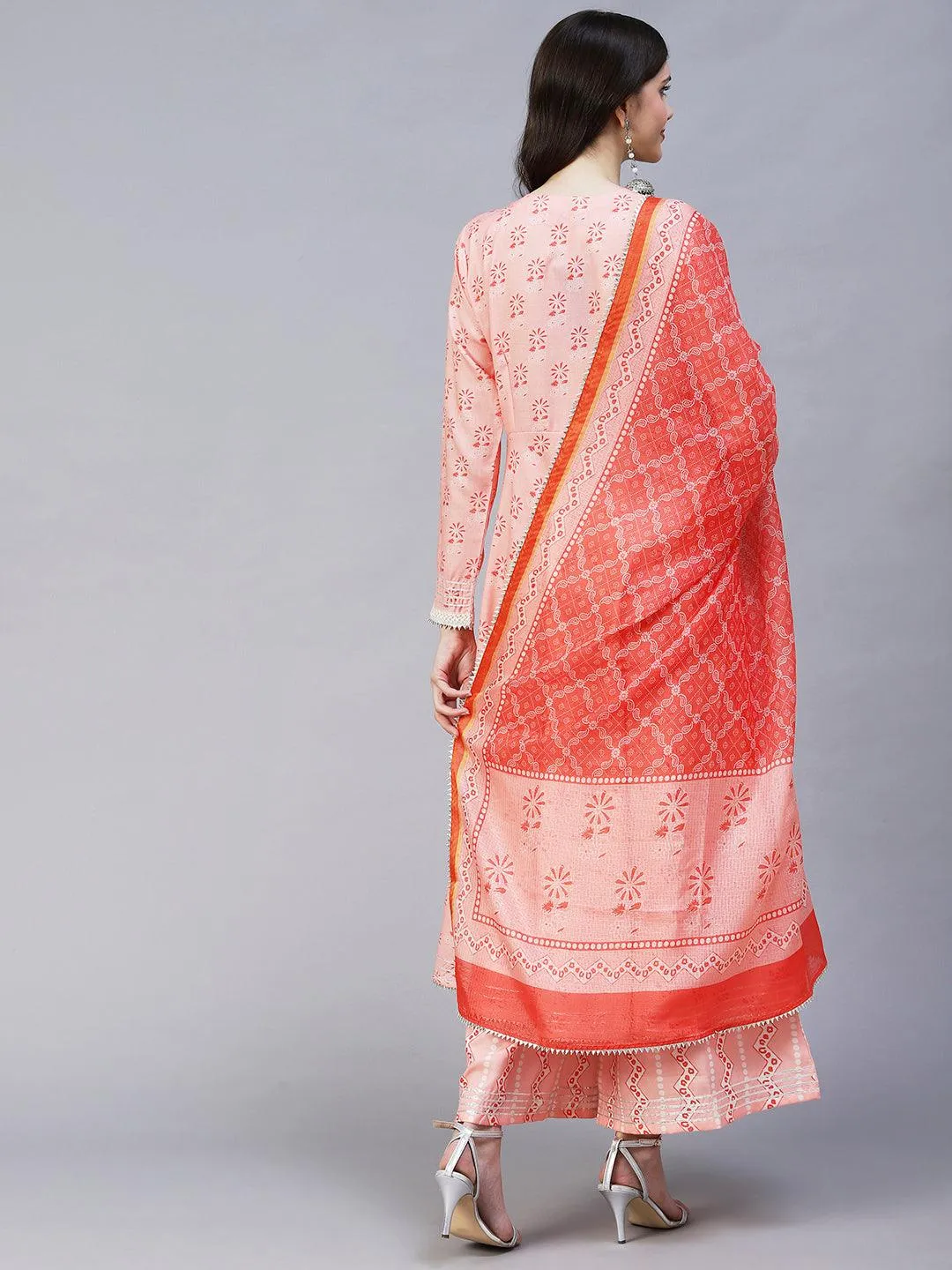 Ethnic Printed & Embroidered A-Line Kurta with Palazzo & Dupatta - Peach