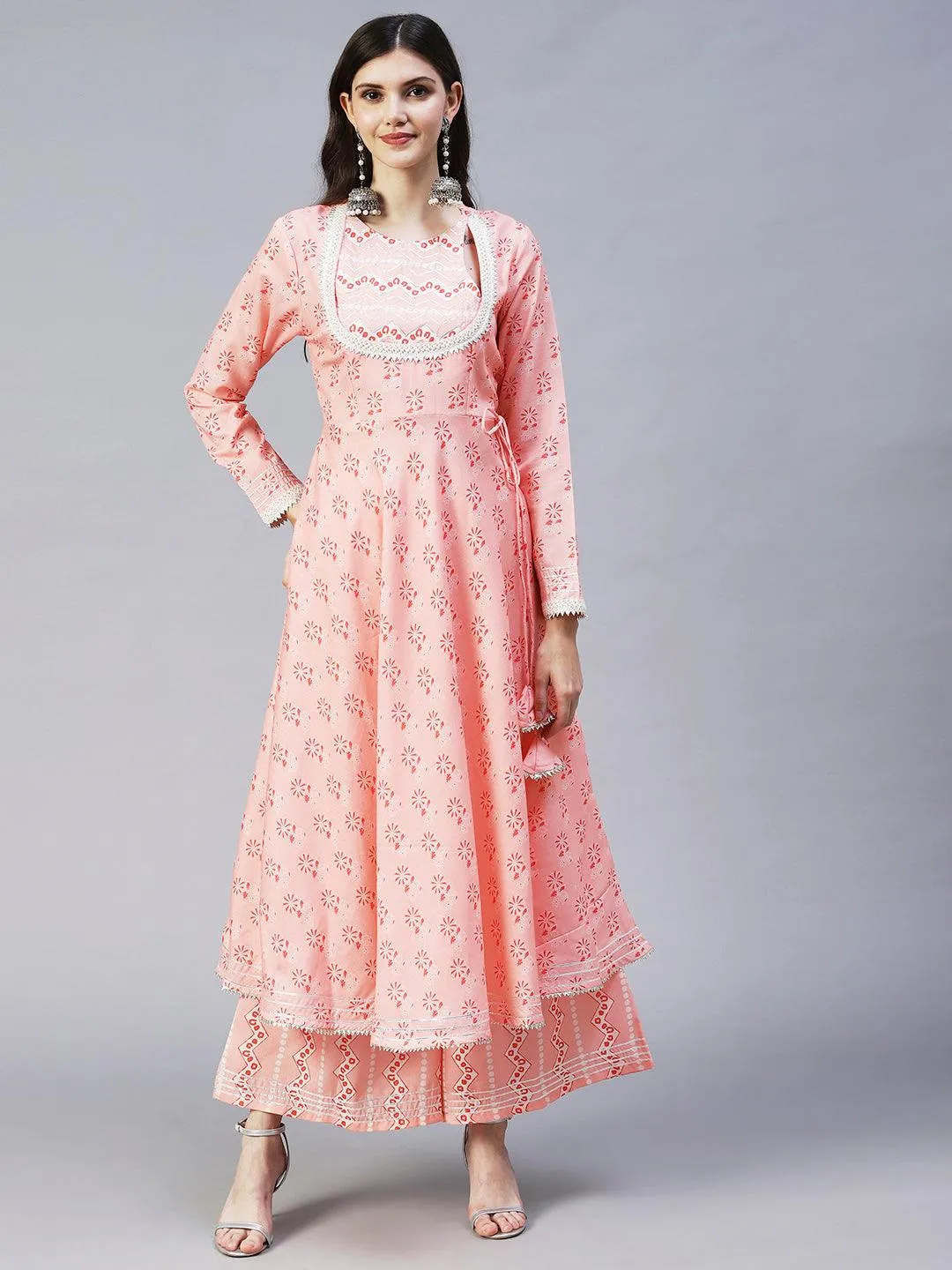 Ethnic Printed & Embroidered A-Line Kurta with Palazzo & Dupatta - Peach