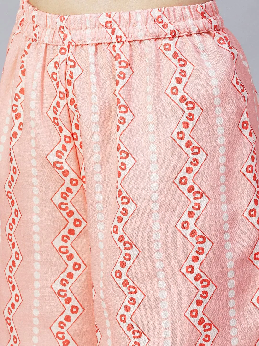 Ethnic Printed & Embroidered A-Line Kurta with Palazzo & Dupatta - Peach