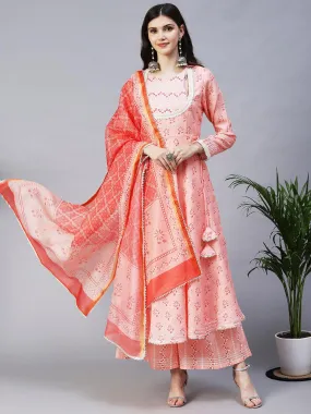 Ethnic Printed & Embroidered A-Line Kurta with Palazzo & Dupatta - Peach