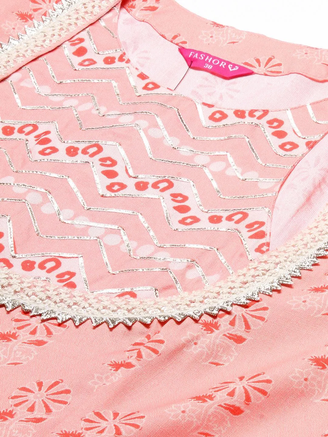 Ethnic Printed & Embroidered A-Line Kurta with Palazzo & Dupatta - Peach