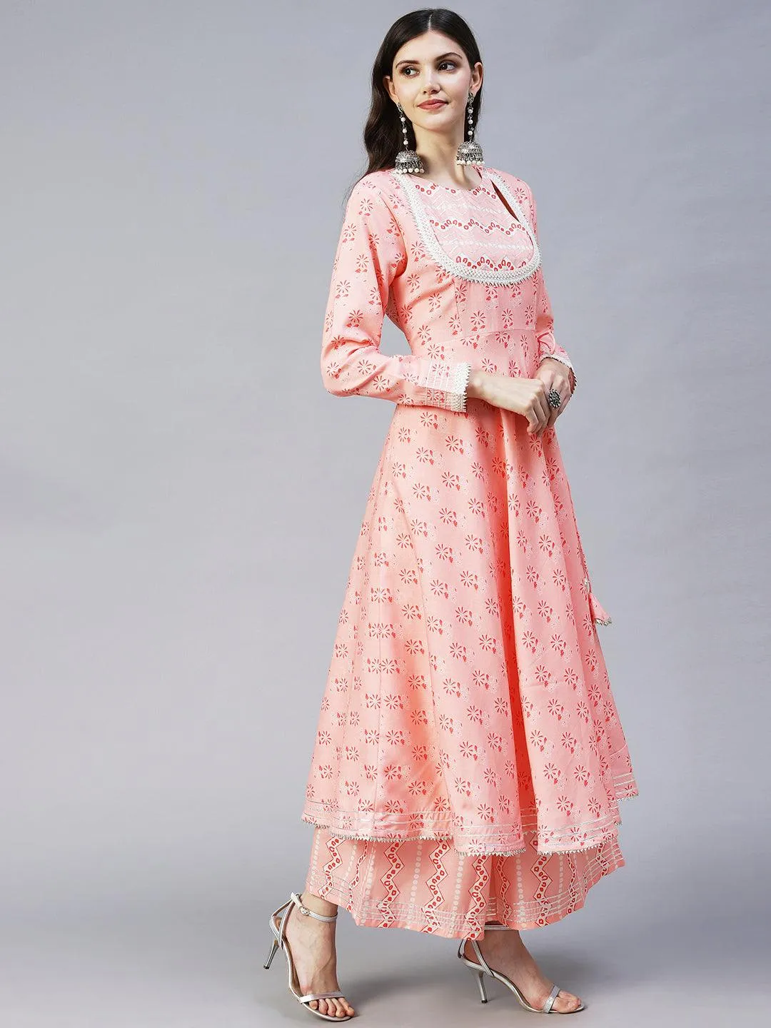 Ethnic Printed & Embroidered A-Line Kurta with Palazzo & Dupatta - Peach