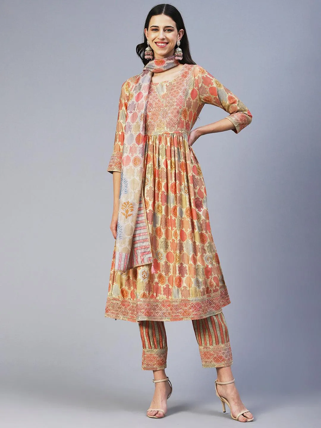 Ethnic Printed & Embroidered A-Line Kurta with Pant & Dupatta - Multi