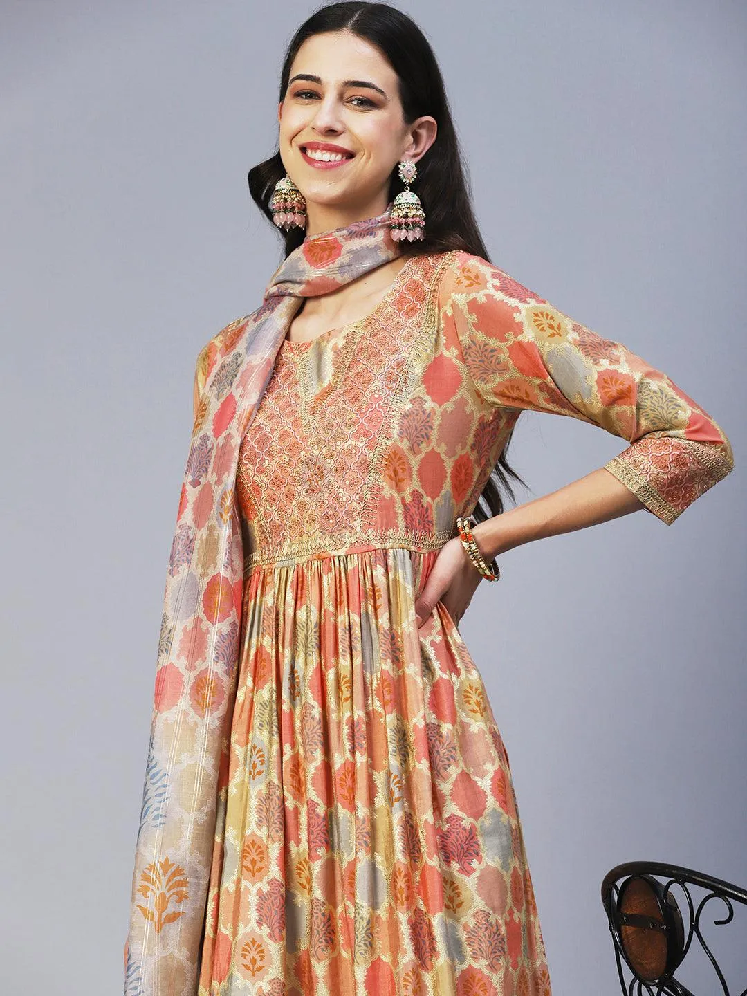 Ethnic Printed & Embroidered A-Line Kurta with Pant & Dupatta - Multi