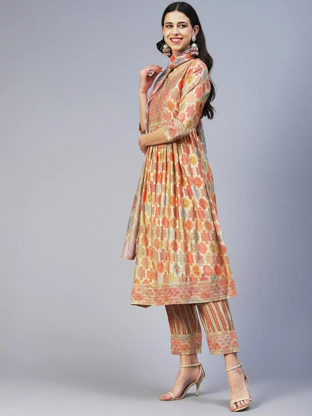 Ethnic Printed & Embroidered A-Line Kurta with Pant & Dupatta - Multi