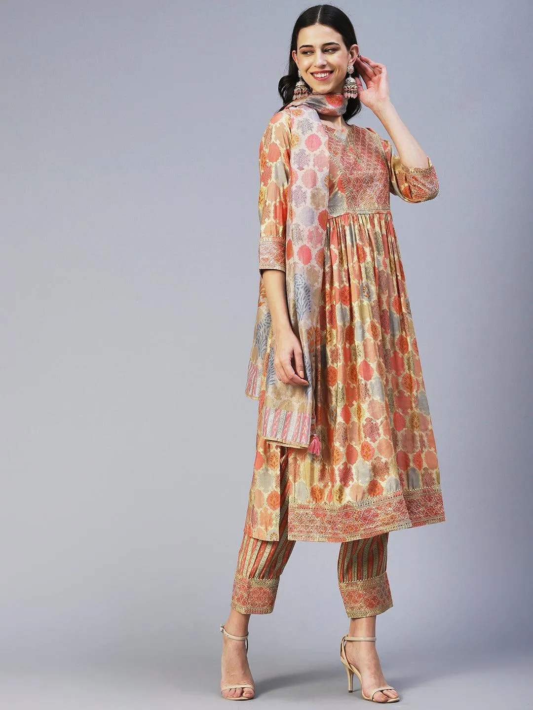 Ethnic Printed & Embroidered A-Line Kurta with Pant & Dupatta - Multi
