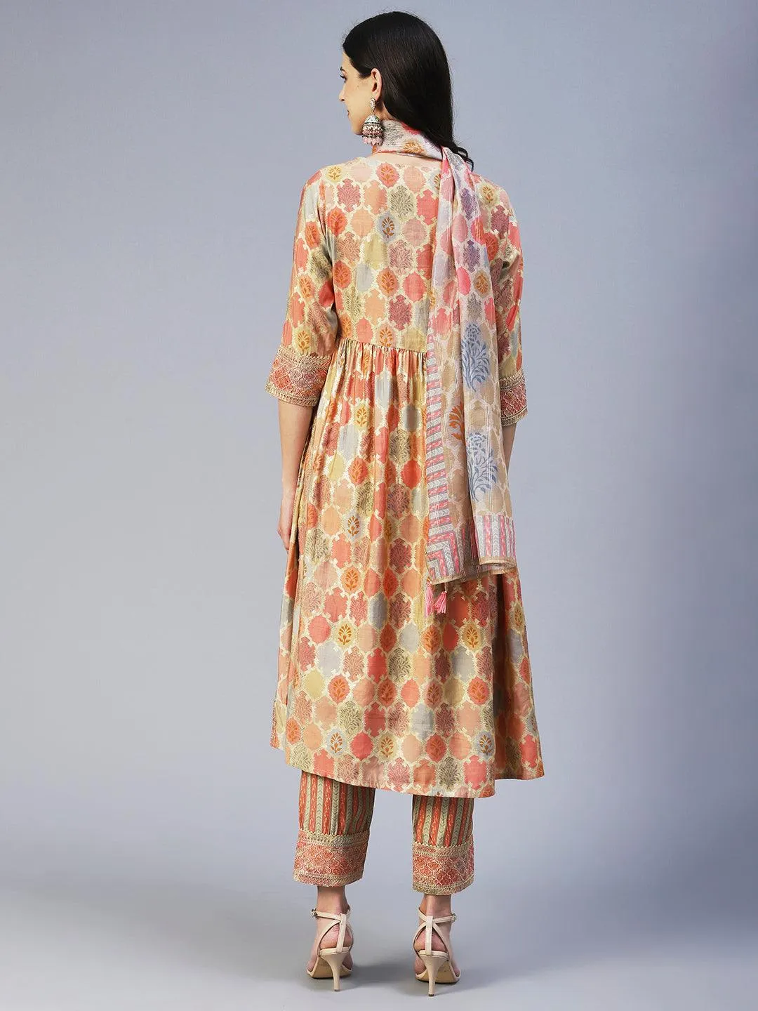 Ethnic Printed & Embroidered A-Line Kurta with Pant & Dupatta - Multi