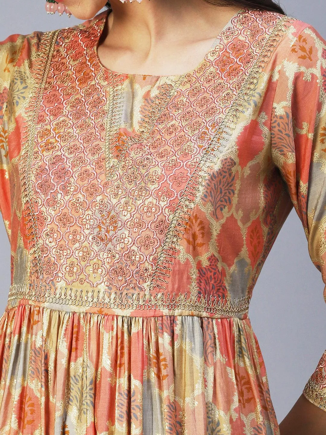 Ethnic Printed & Embroidered A-Line Kurta with Pant & Dupatta - Multi