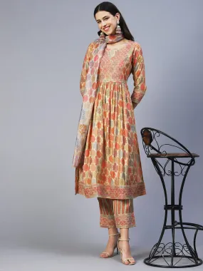 Ethnic Printed & Embroidered A-Line Kurta with Pant & Dupatta - Multi