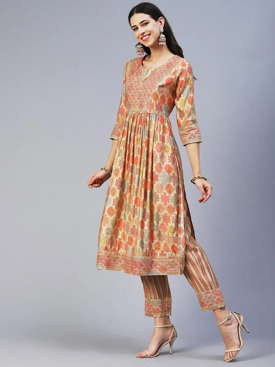 Ethnic Printed & Embroidered A-Line Kurta with Pant & Dupatta - Multi