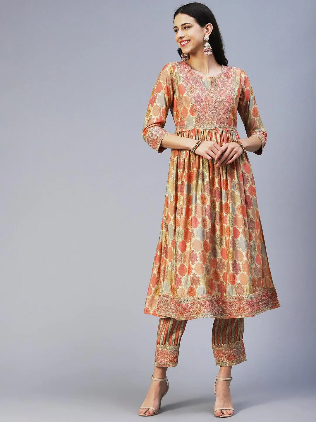 Ethnic Printed & Embroidered A-Line Kurta with Pant & Dupatta - Multi