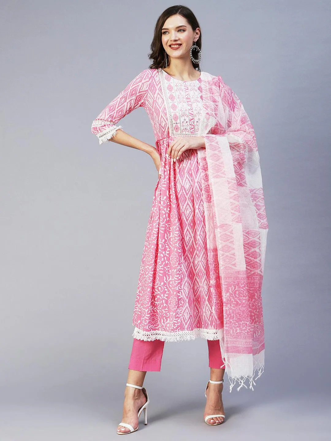 Ethnic Printed & Embroidered A-Line Kurta with Pant & Dupatta - Pink