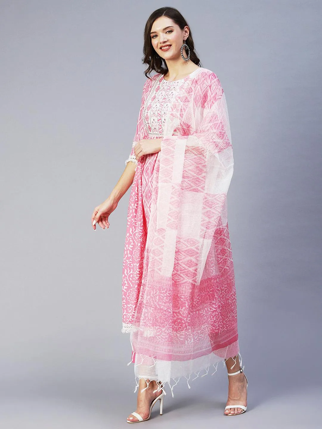 Ethnic Printed & Embroidered A-Line Kurta with Pant & Dupatta - Pink