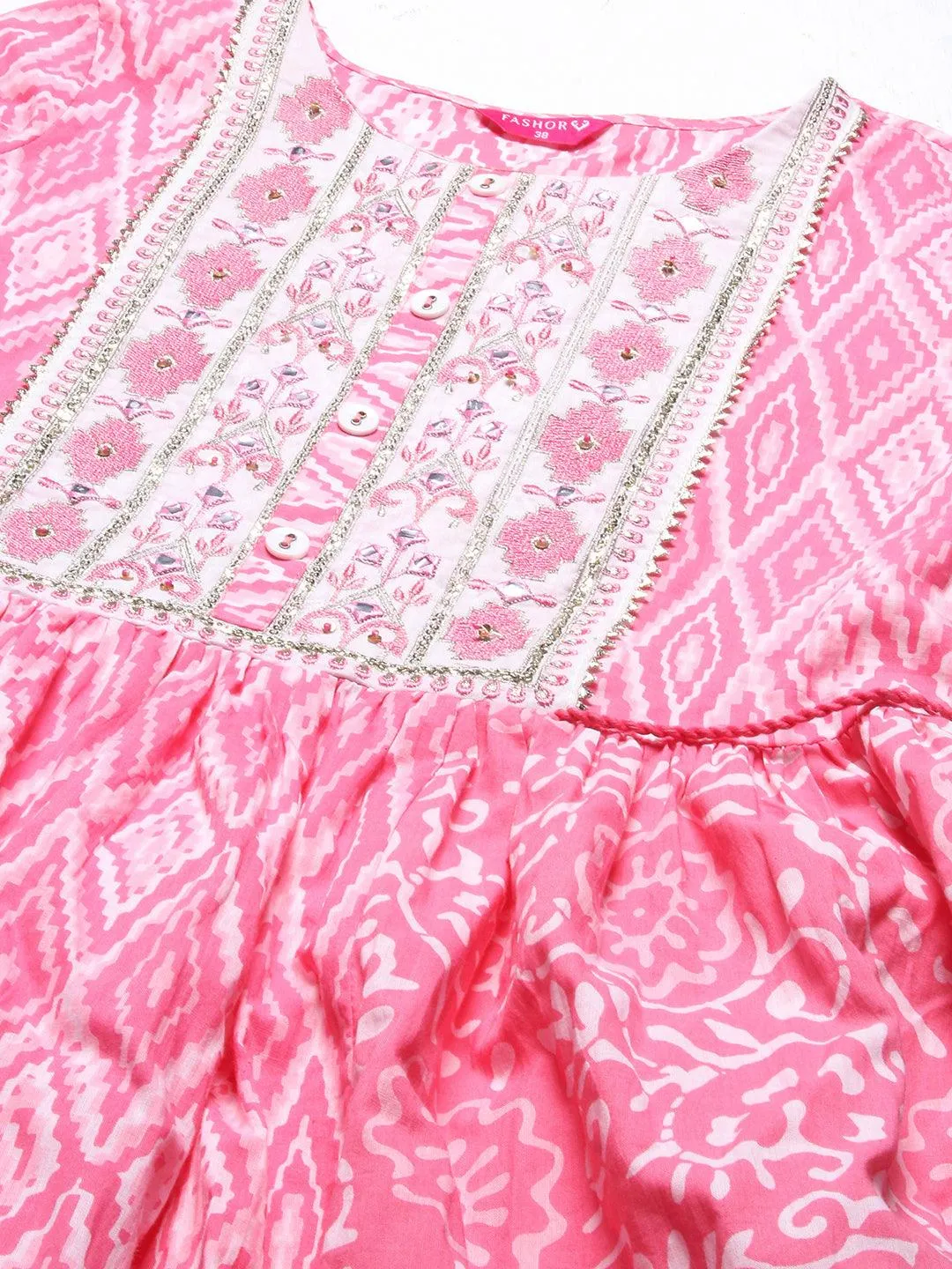 Ethnic Printed & Embroidered A-Line Kurta with Pant & Dupatta - Pink