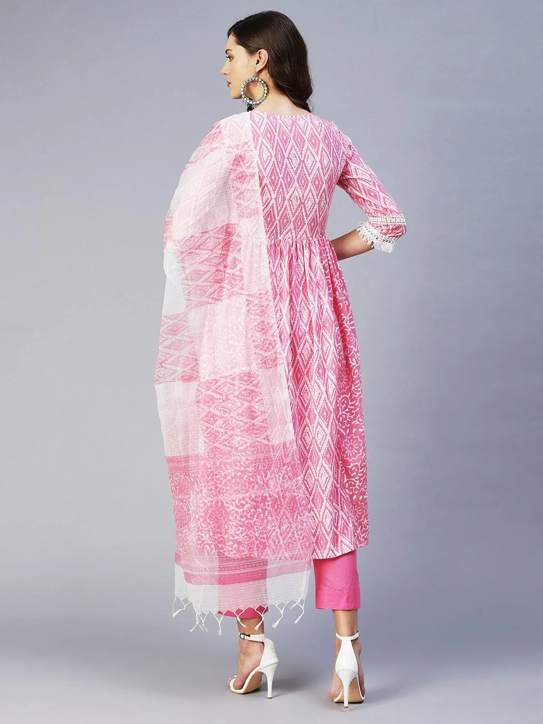 Ethnic Printed & Embroidered A-Line Kurta with Pant & Dupatta - Pink