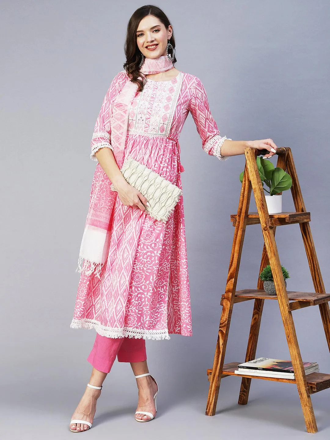 Ethnic Printed & Embroidered A-Line Kurta with Pant & Dupatta - Pink