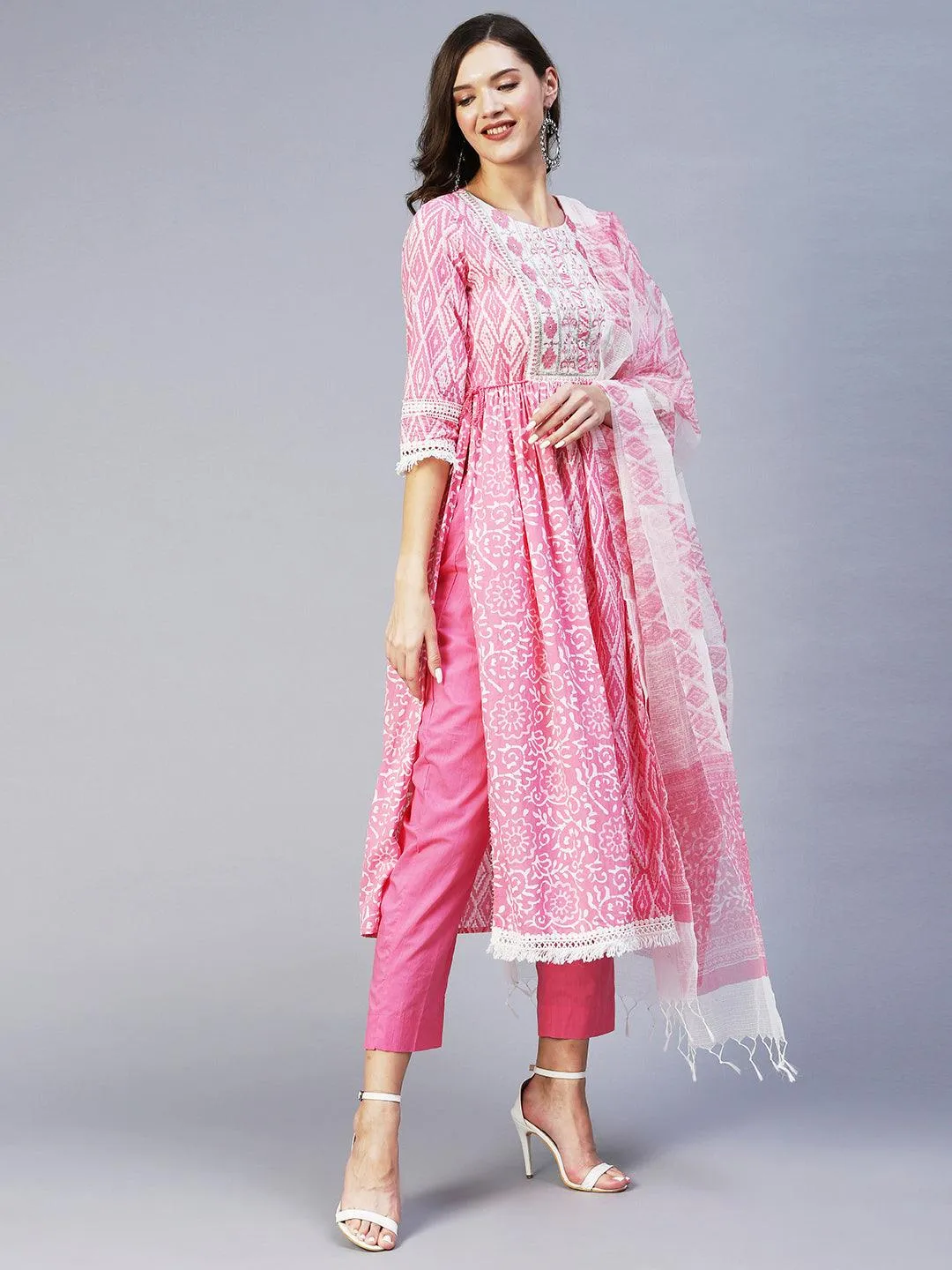 Ethnic Printed & Embroidered A-Line Kurta with Pant & Dupatta - Pink